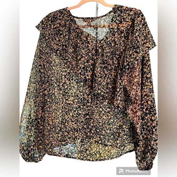 TOPSHOP top, black with floral green and rose Asymmetrical ruffles front to back - Picture 2 of 7